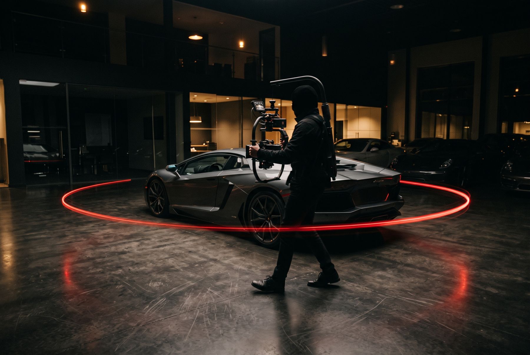 Videograf umkreist einen Supersportwagen im Showroom, Lichtspuren zeigen die Aufnahmebahnen