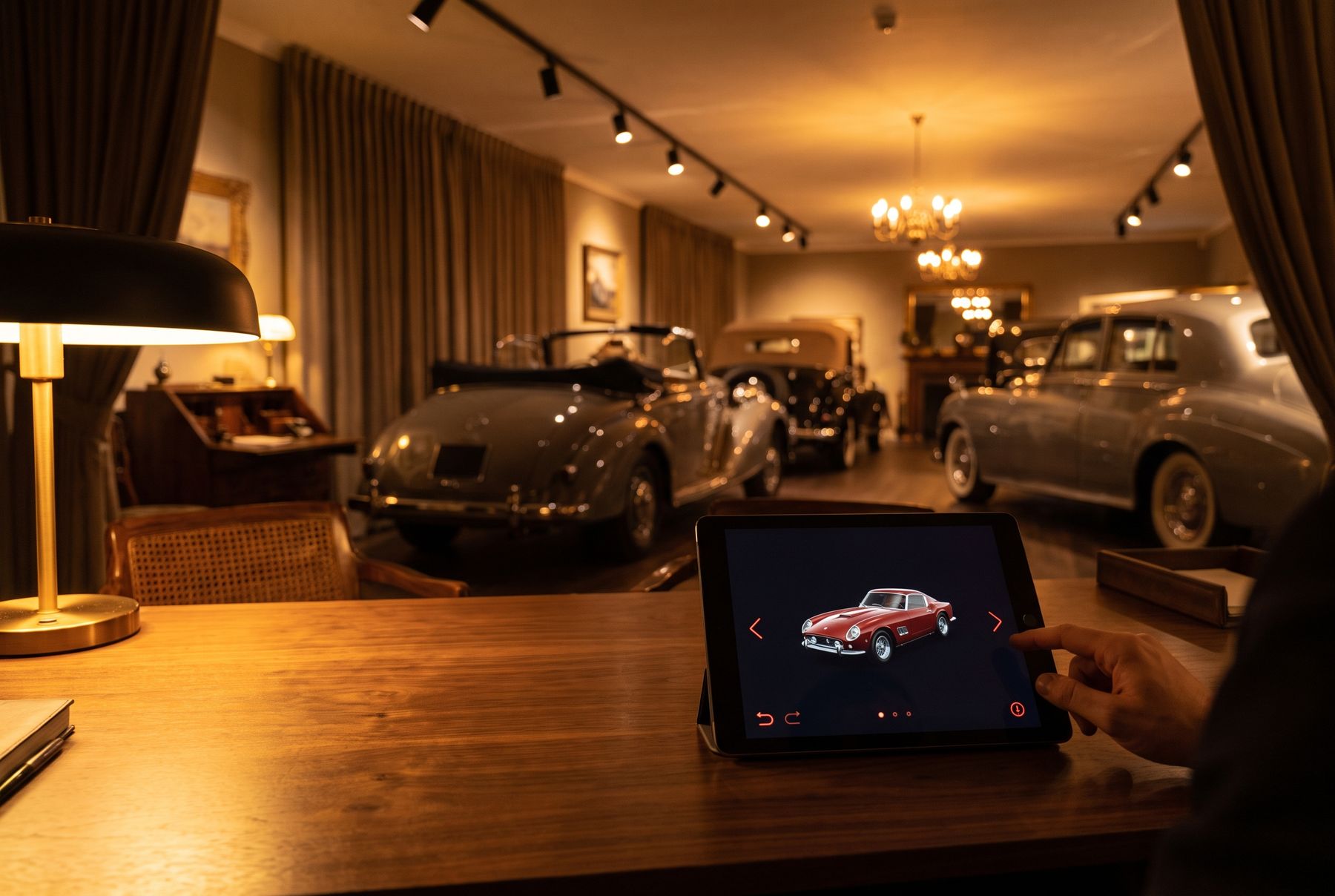 Tablet mit 3D-Ansicht eines Klassikers im Verkaufsraum
